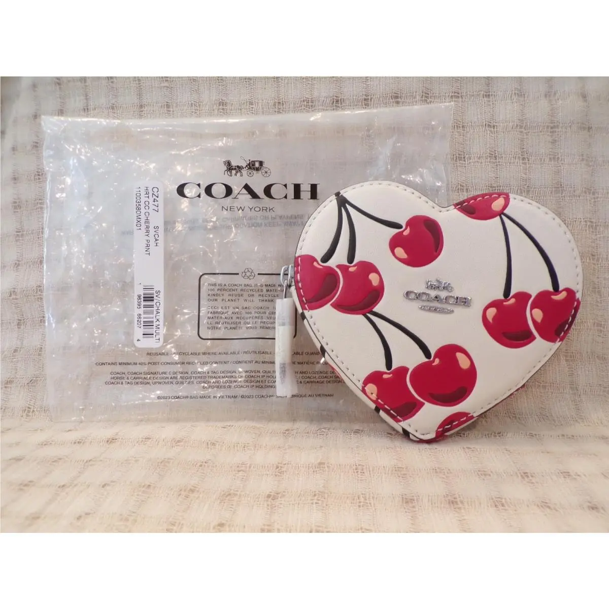 Coach Leather Cherry Print Heart Coin Purse CZ477 Red Cherries Zip Mini Pouch