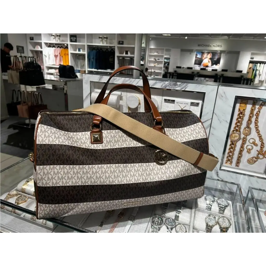 Grayson Oversized Striped Logo Weekend Travel Women Bag Variation BROWN by Michael Kors