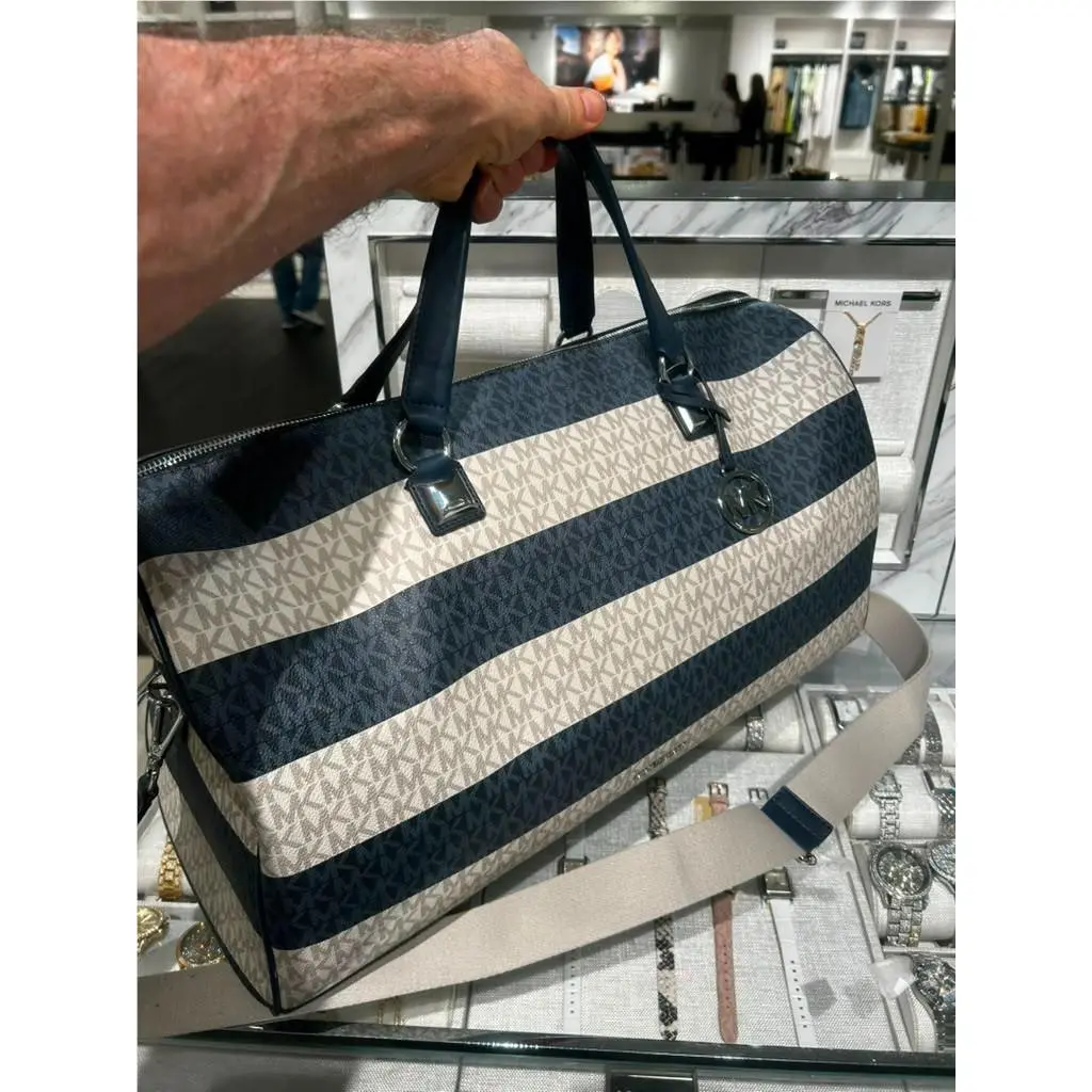 Grayson Oversized Striped Logo Weekend Travel Women Bag Variation NAVY by Michael Kors
