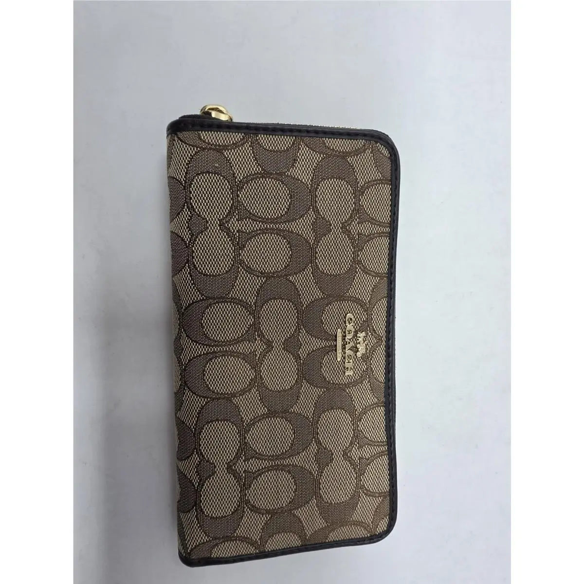 Coach F54633 Outline Signature Accordion Zip Wallet Khaki Black