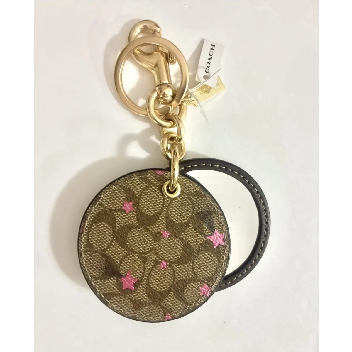 Coach Signature Mirror Bag Charm Keychain with Pink Disco Star Print C6945