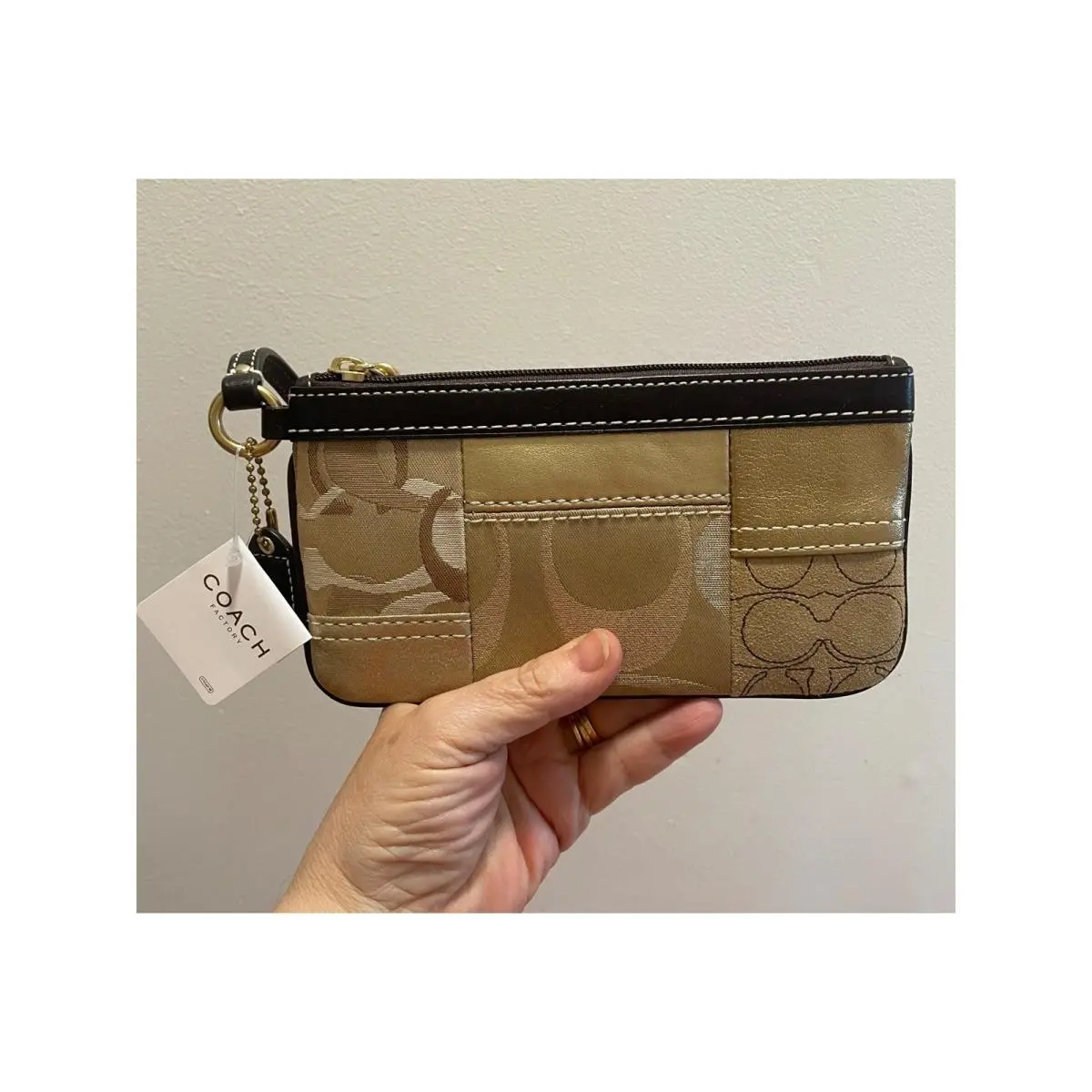 Coach Wristlet F40251 Patchwork Metallic Gold Brown Leather