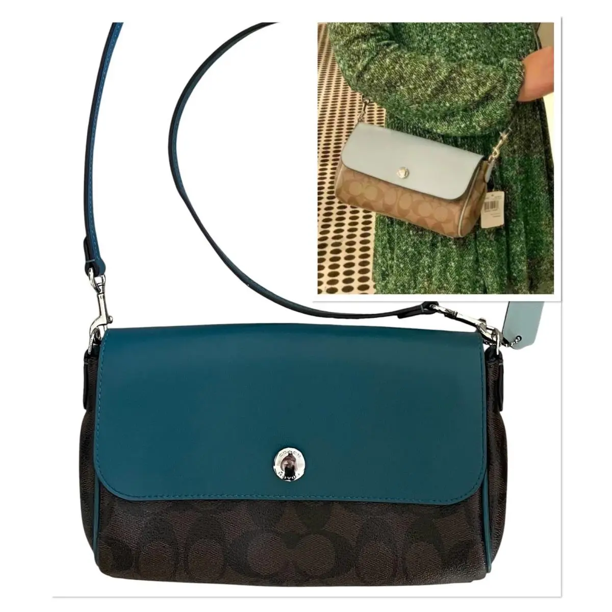 Coach Signature Reversible Crossbody Bag Teal Brown / Light Blue F59534 2n1