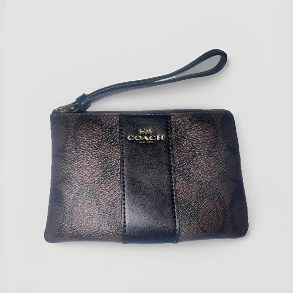 Coach F58035 Signature Pvc Leather Zip Wristlet Wallet Brown Black