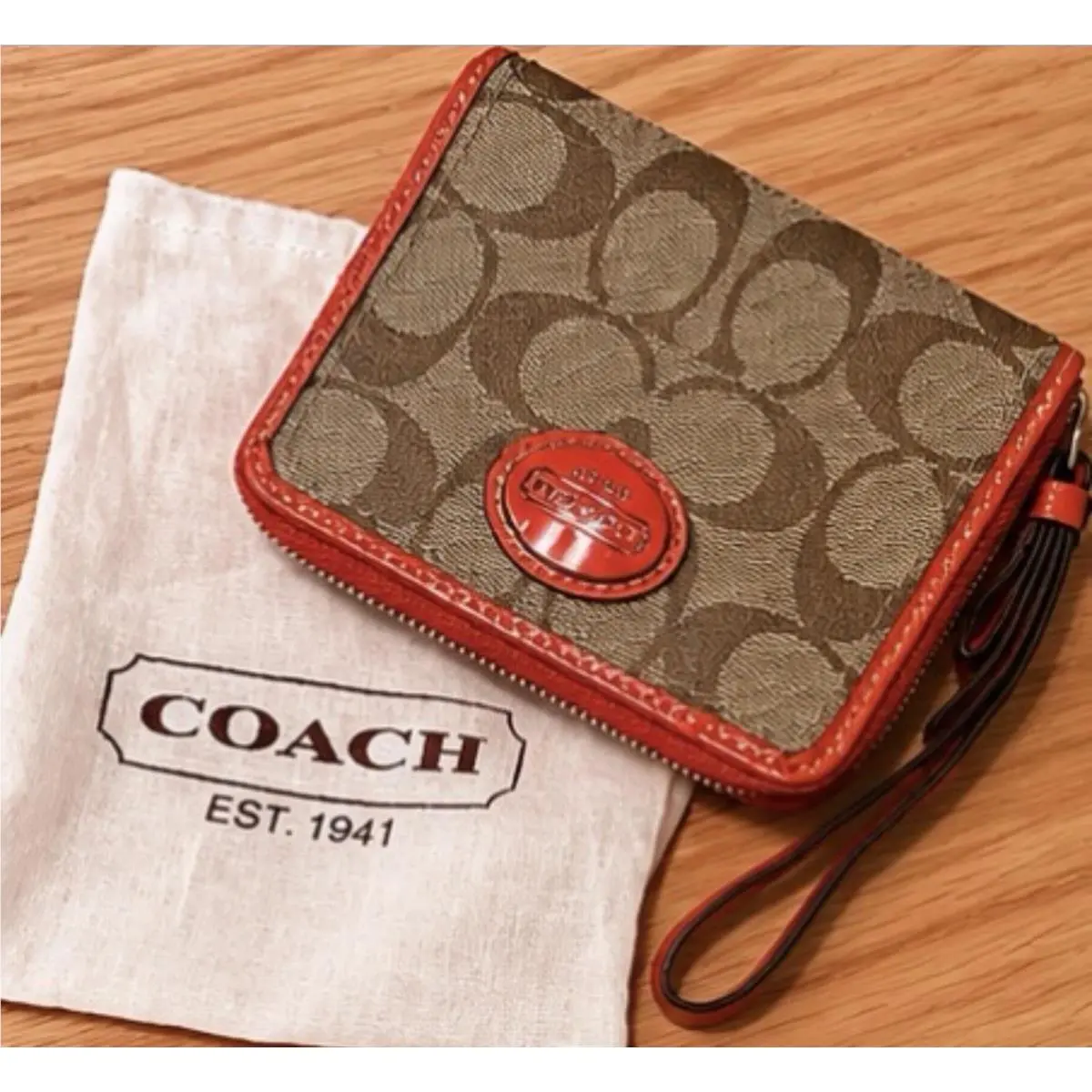 Coach F47341 Signature Zip Around Wallet Wristlet Khaki Persimmon