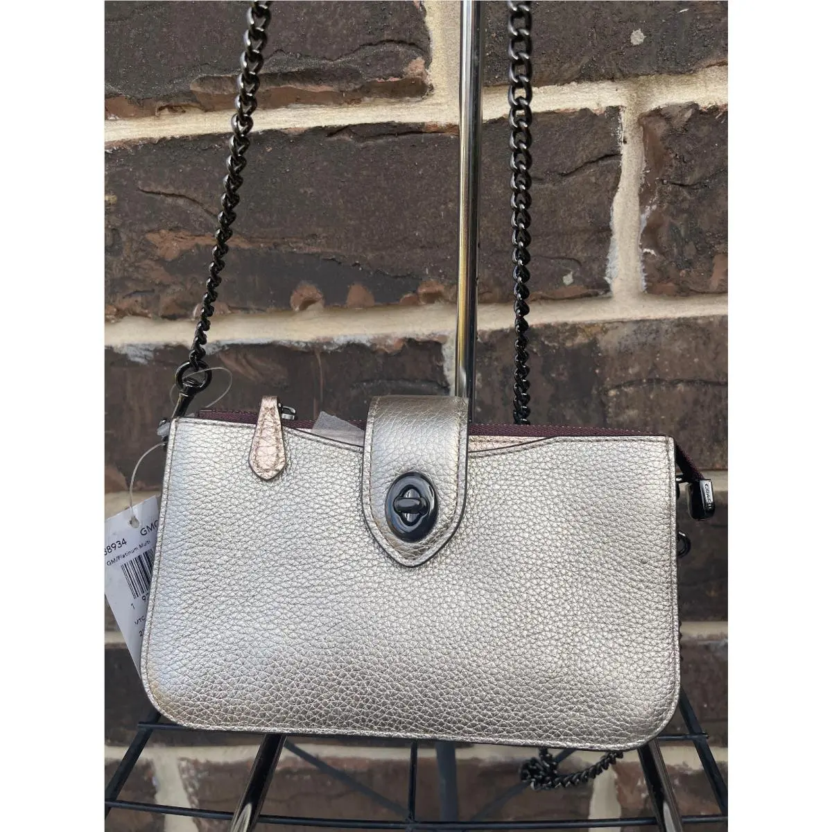 Coach Metallic Leather Turnlock Crossbody 38934 Platinum Multi Gold