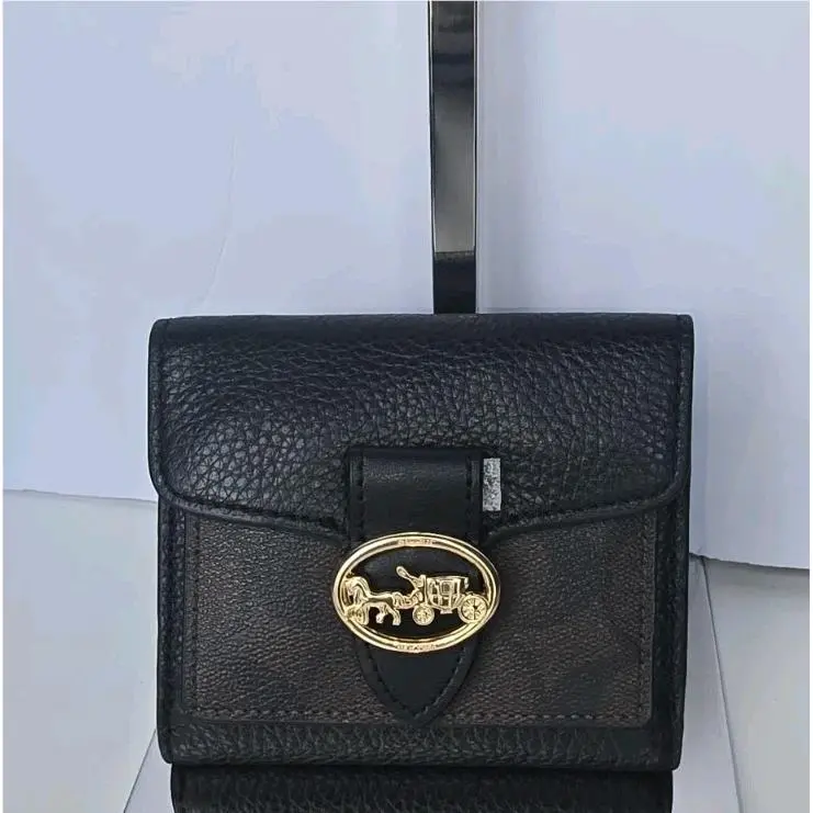 Coach Small Wallet Black Leather and Signature Canvas Horse Carriage Medallion