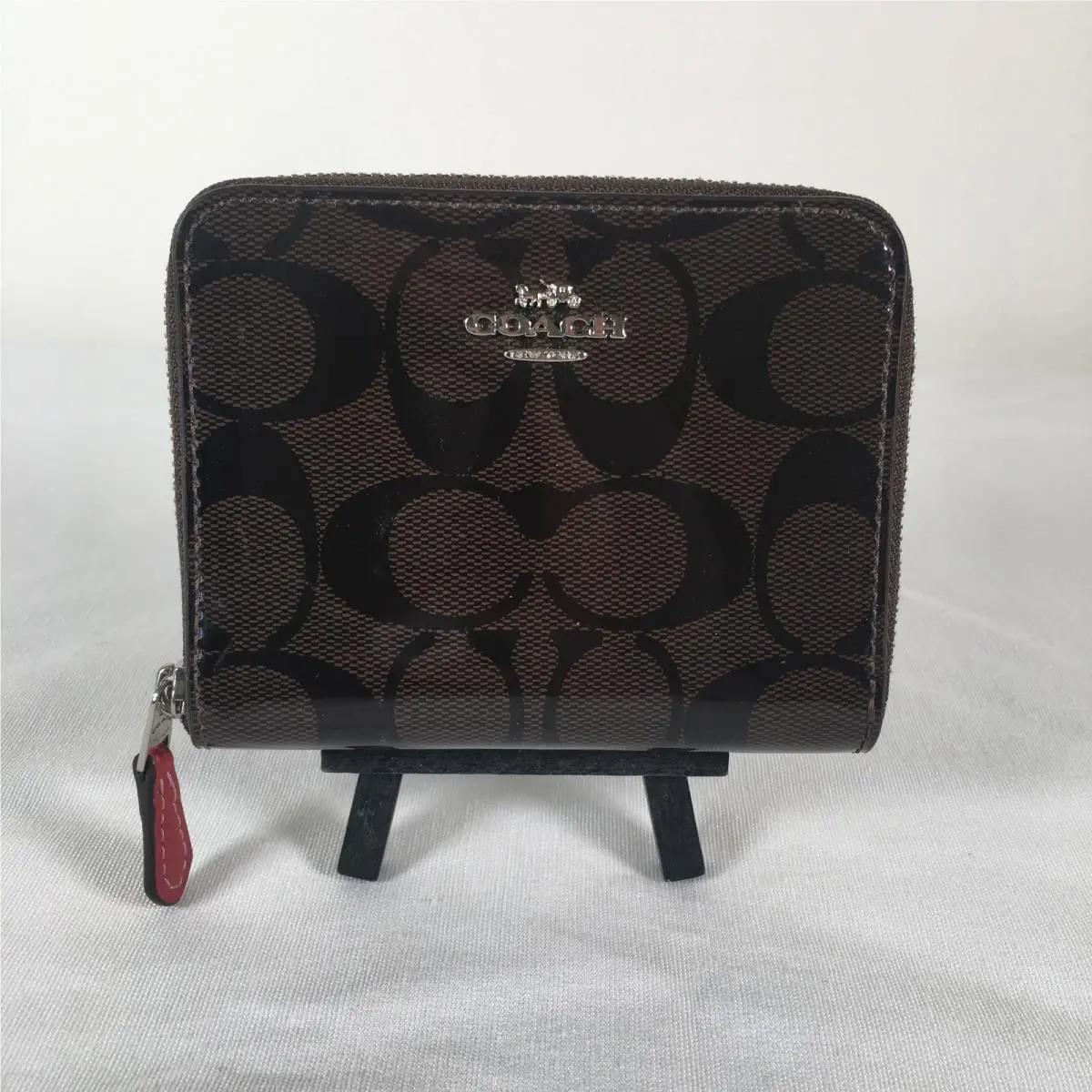 Coach Small Signature Patent Leather Zip Around Wallet Brown