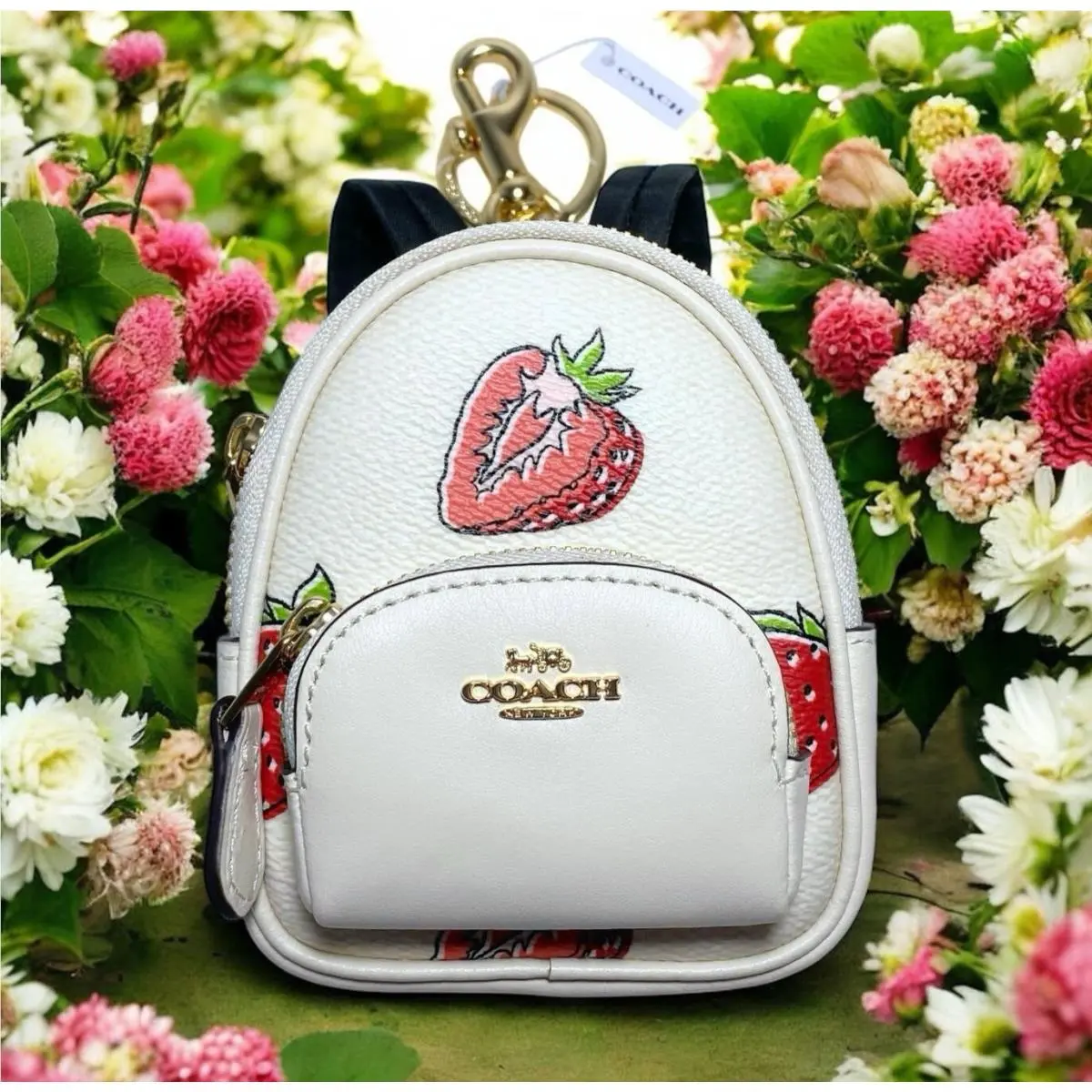 Coach Strawberry Print Mini Backpack Bag Keychain Charm