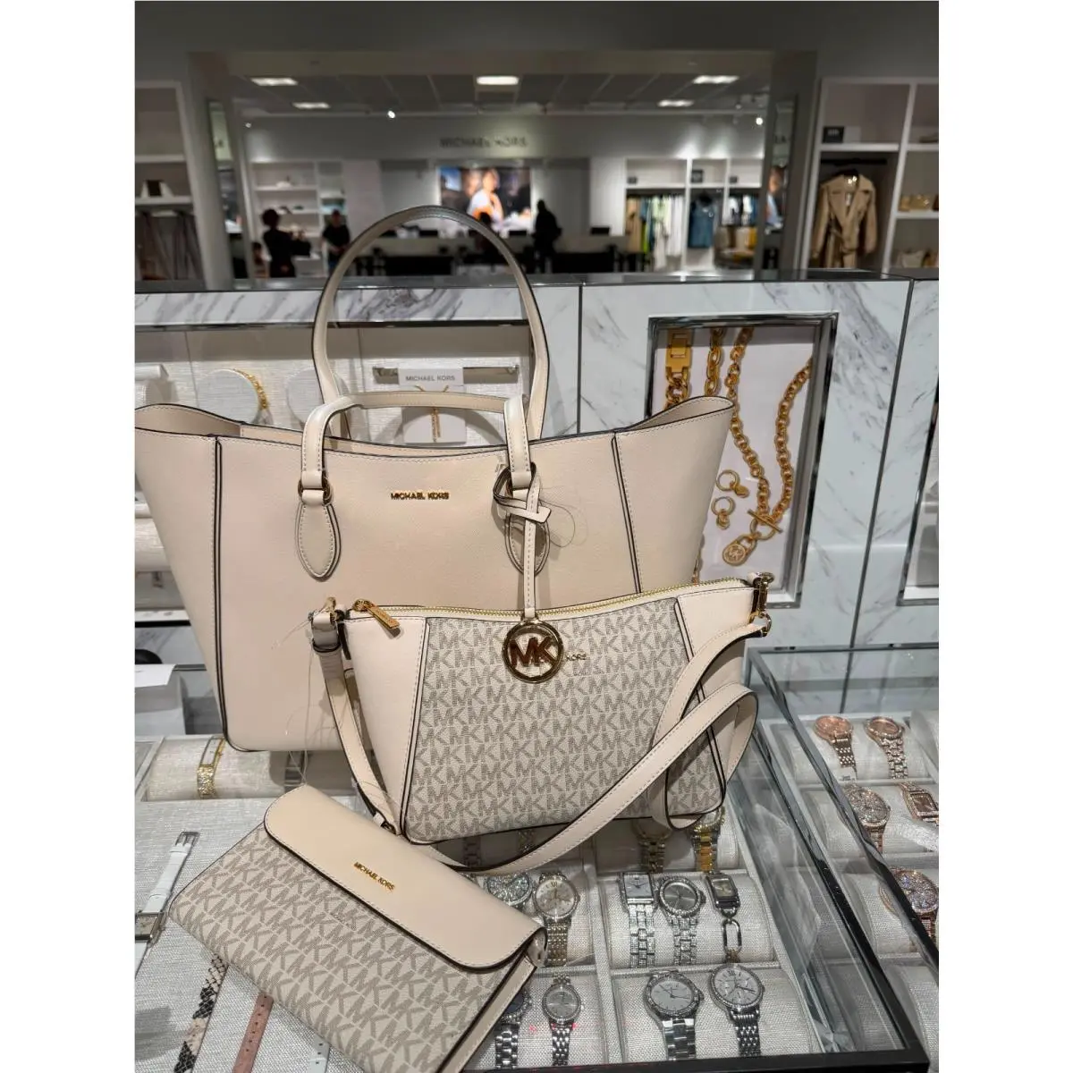 Michael Kors Lady Large Logo 3-in-1 Tote Shoulder Handbag MK Purse Bag LT Cream