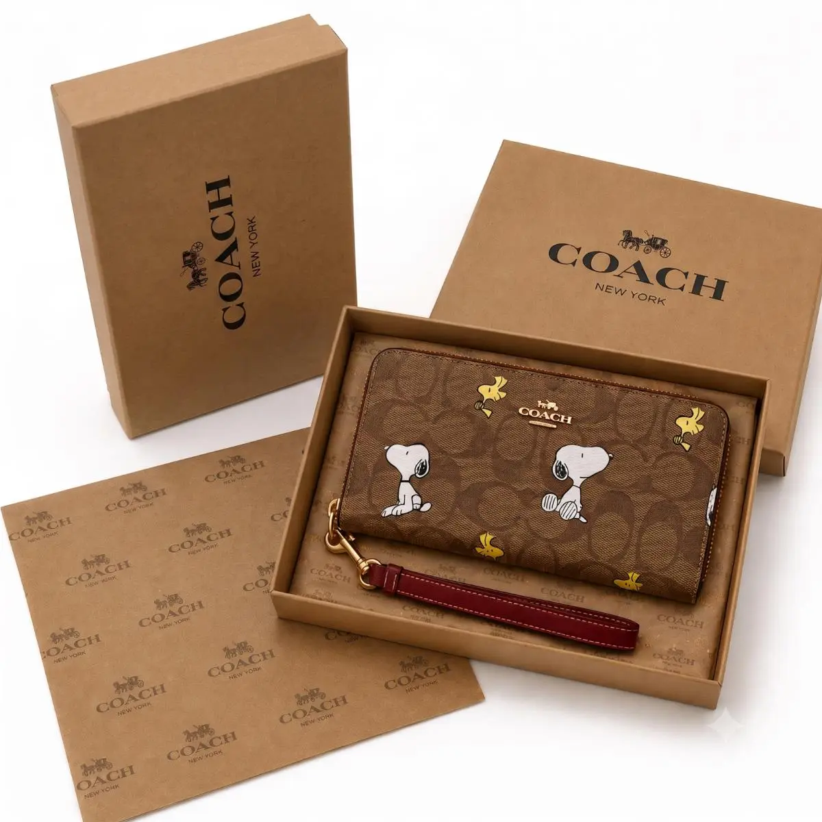 Coach Snoopy Signature Canvas Zip Around Wallet Brown Wristlet Peanuts