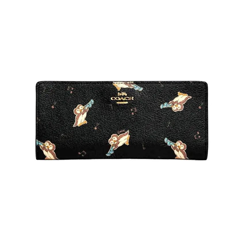 Coach CF540 Slim Zip Wallet with Owl Print Black Multi