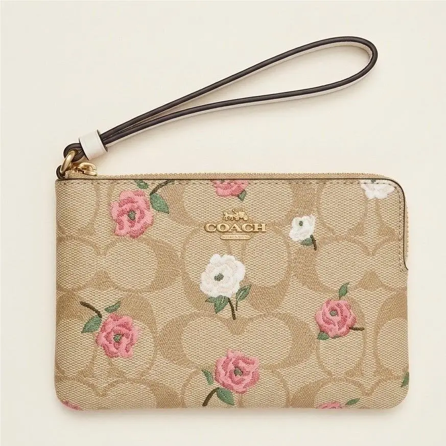 Coach Small Wristlet Signature Canvas Floral Embroidery Khaki Pink CH322