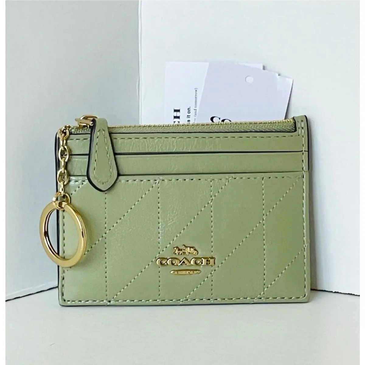 Coach Mini Skinny ID Case CEH41 Quilted Leather Keyring Wallet Pistachio
