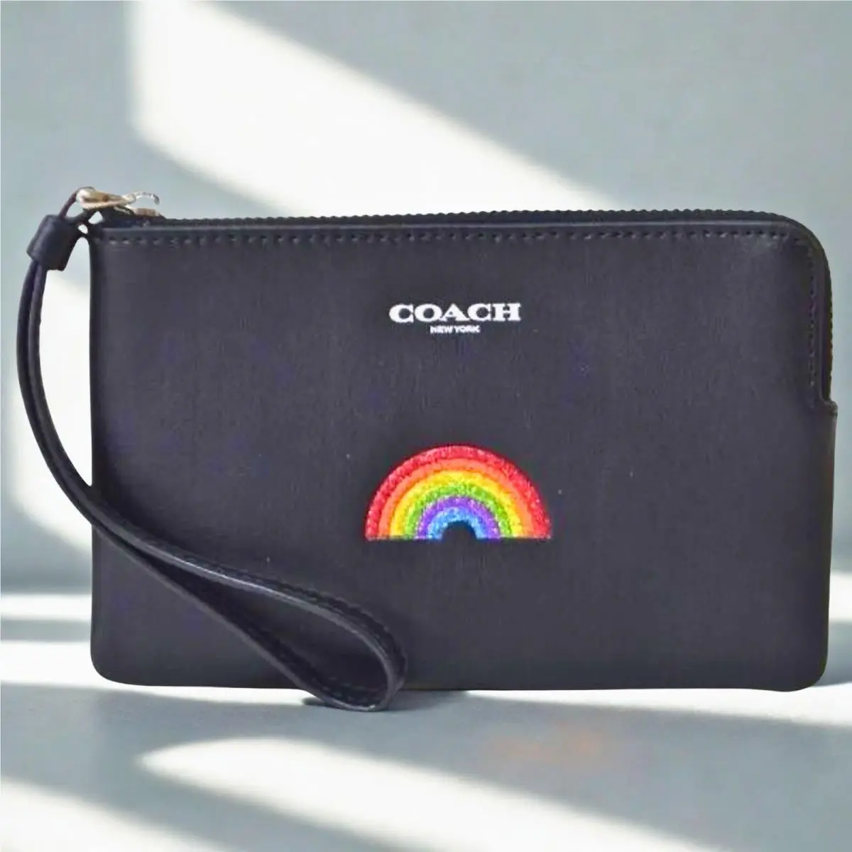 Coach Rainbow Corner Zip Wristlet Wallet F26938 Black Leather