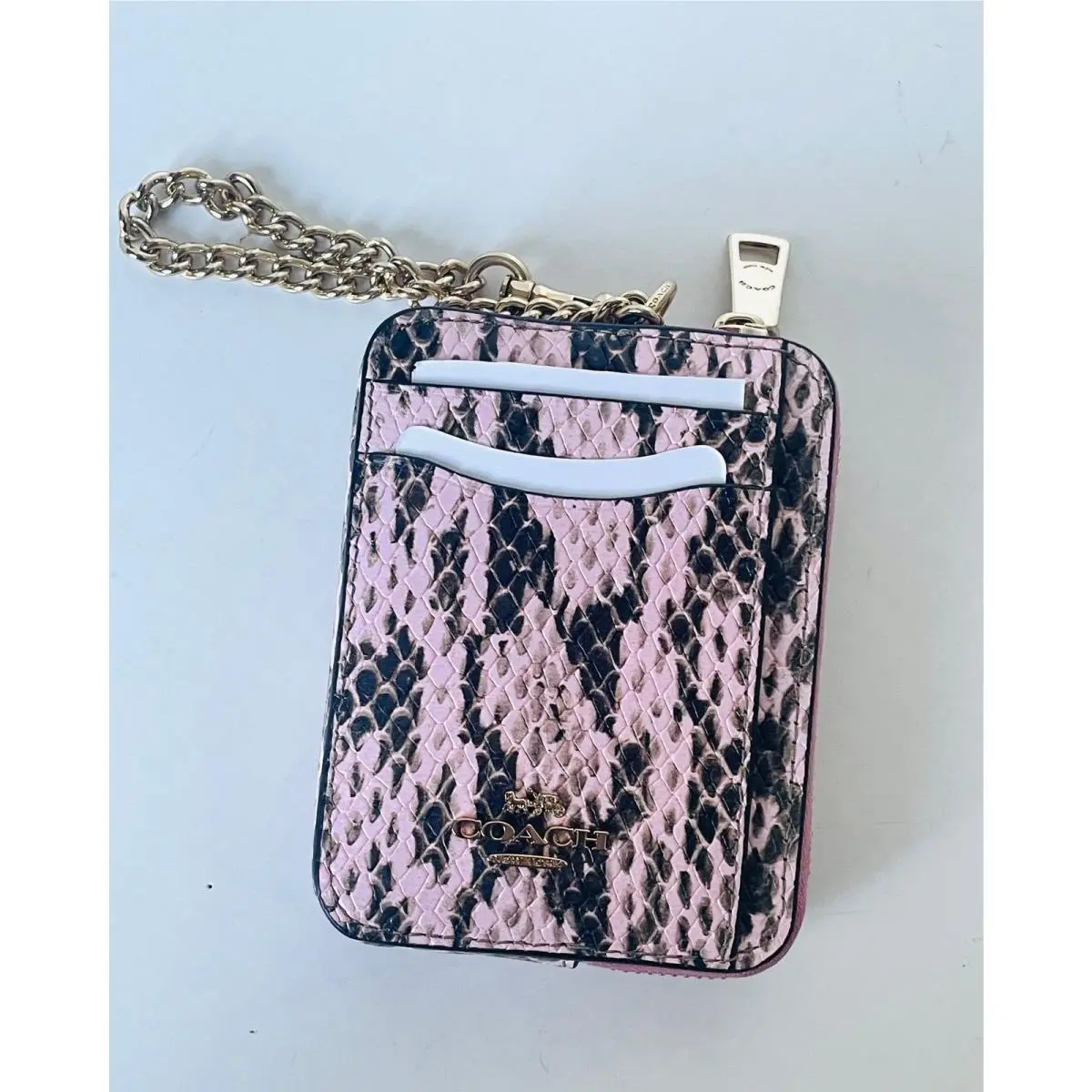 Coach CEC53 Zip Card Case Signature Canvas Pink Snake Print ID Wallet Cha