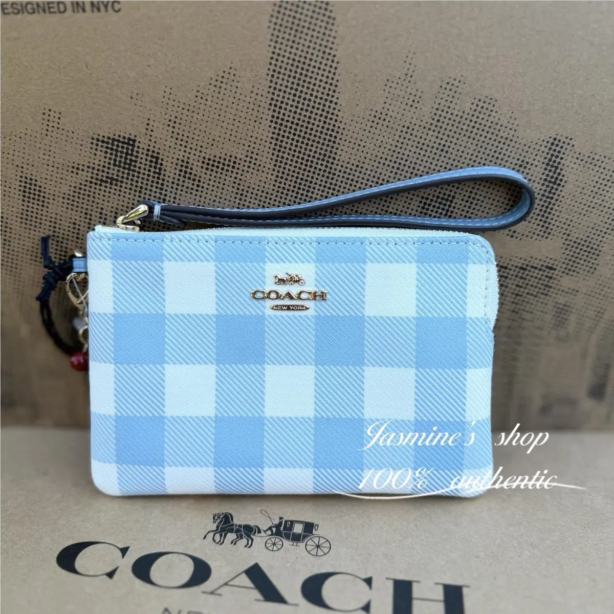 Coach Corner Zip Wristlet with Gingham Print and Charm CEX59 Blue Multi