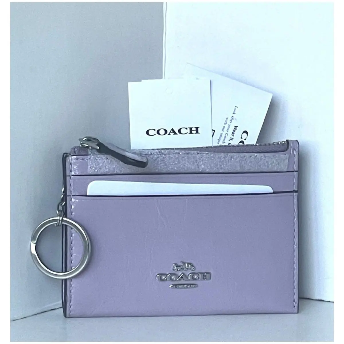 Coach Mini Skinny ID Case CEC47 Glazed Leather Keyring Wallet Light Amethyst