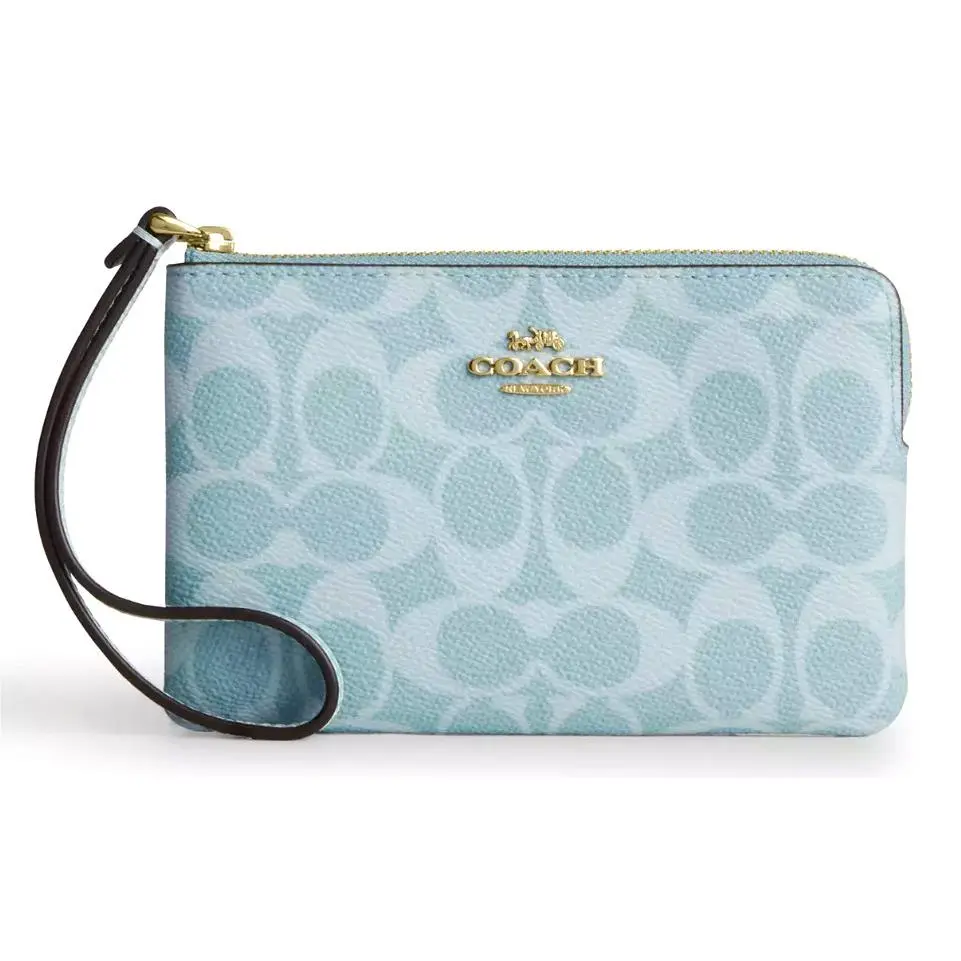 Coach Corner Zip Wristlet CEY93 Light Blue Signature Canvas-smooth Leather