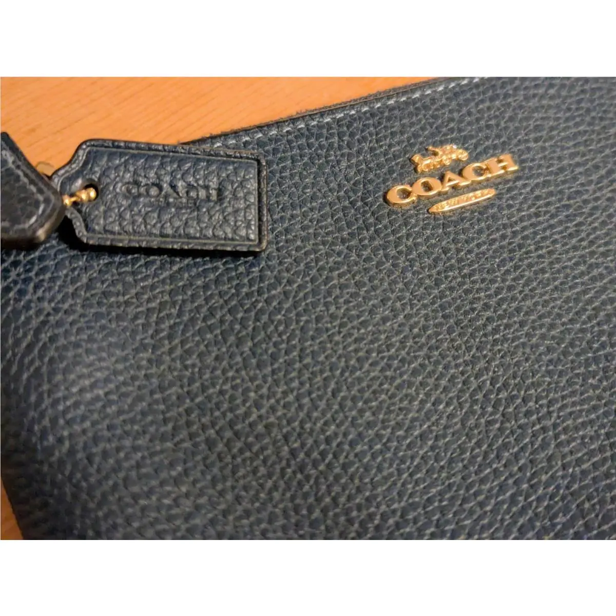 Coach Zip Wristlet Signature Leather Wallet with Charm Gold Pebbled Green