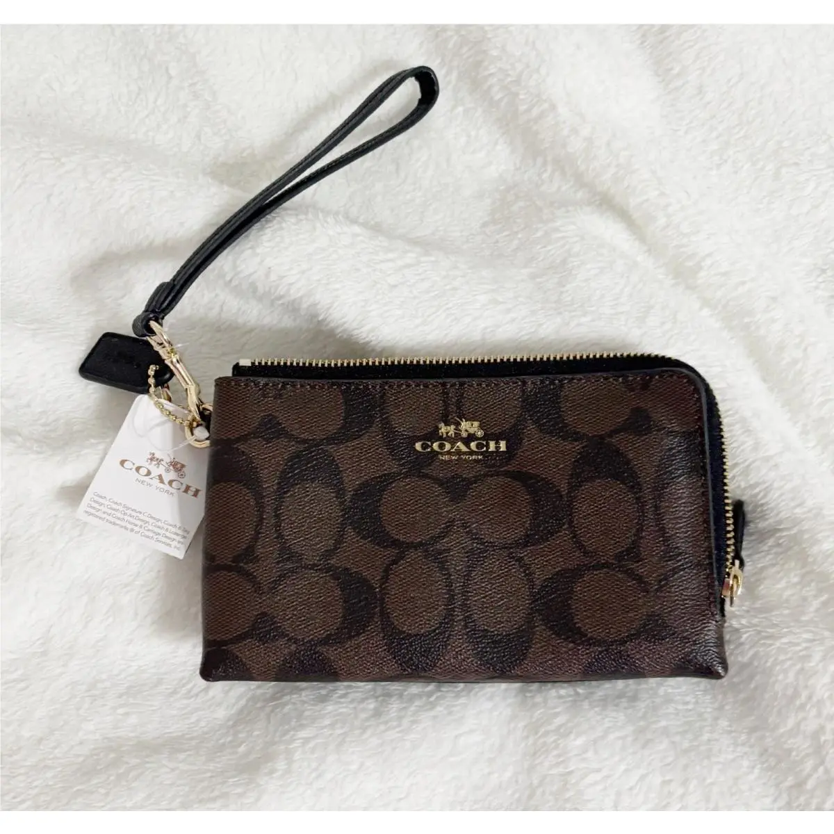 Coach Signature Pvc Brown Black Logo Double Corner Zip Wristlet F64131