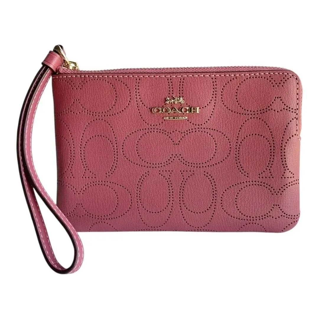 Coach Corner Zip Wristlet IN Perforated Signature Leather Rouge Pink W/ Tag