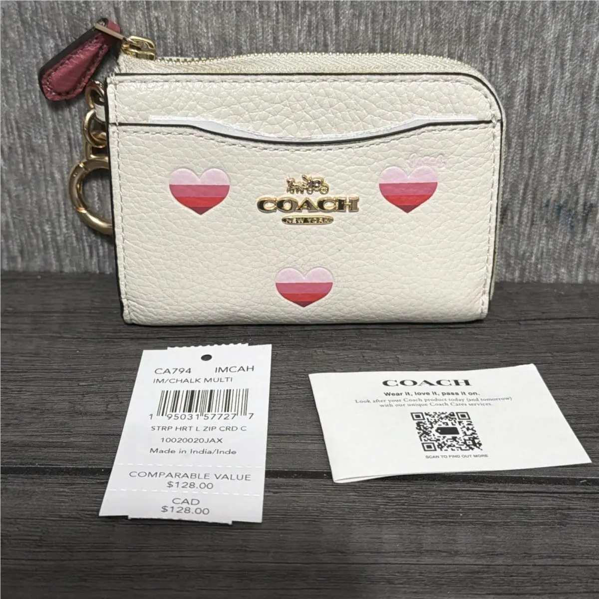 Coach L Zip Card Case with Stripe Heart Print Chalk Multi CA794