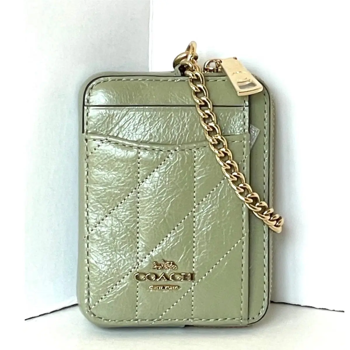 Coach Zip Card Case CEC51 Quilted Leather ID Wallet Chain Strap Green