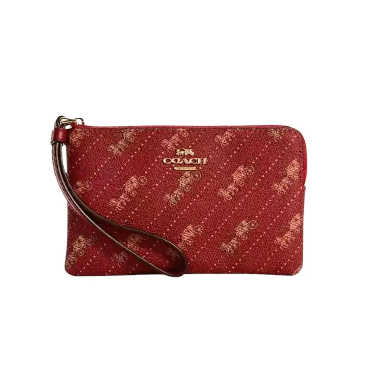 Coach Corner Zip Wristlet with Red Horse and Carriage Dot Print - Red, Exterior: Red