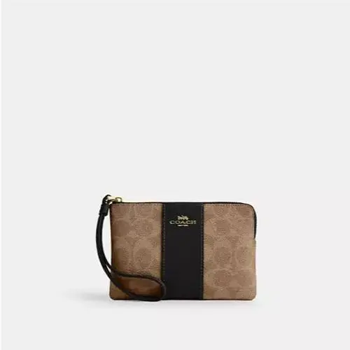 Coach Corner Zip Wristlet in Signature Canvas with Stripe CW854 Tan Black