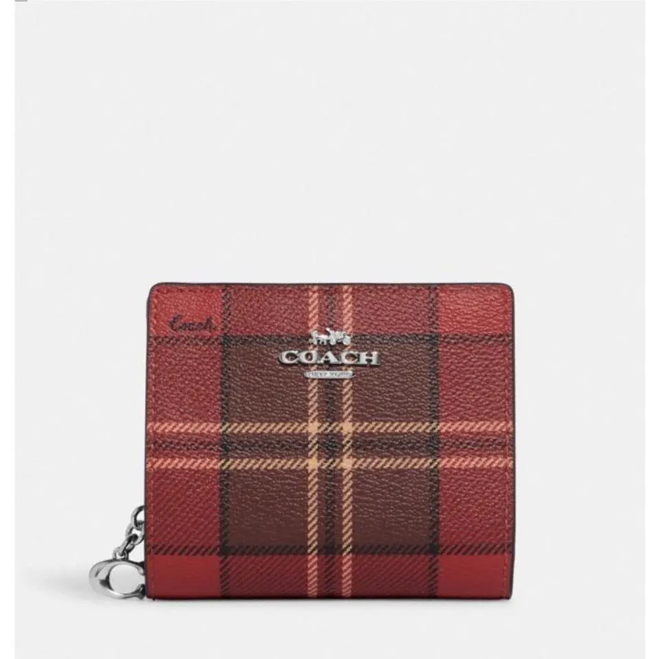 Coach CC810 Tartan Plaid Print Snap Wallet In Canvas Leather