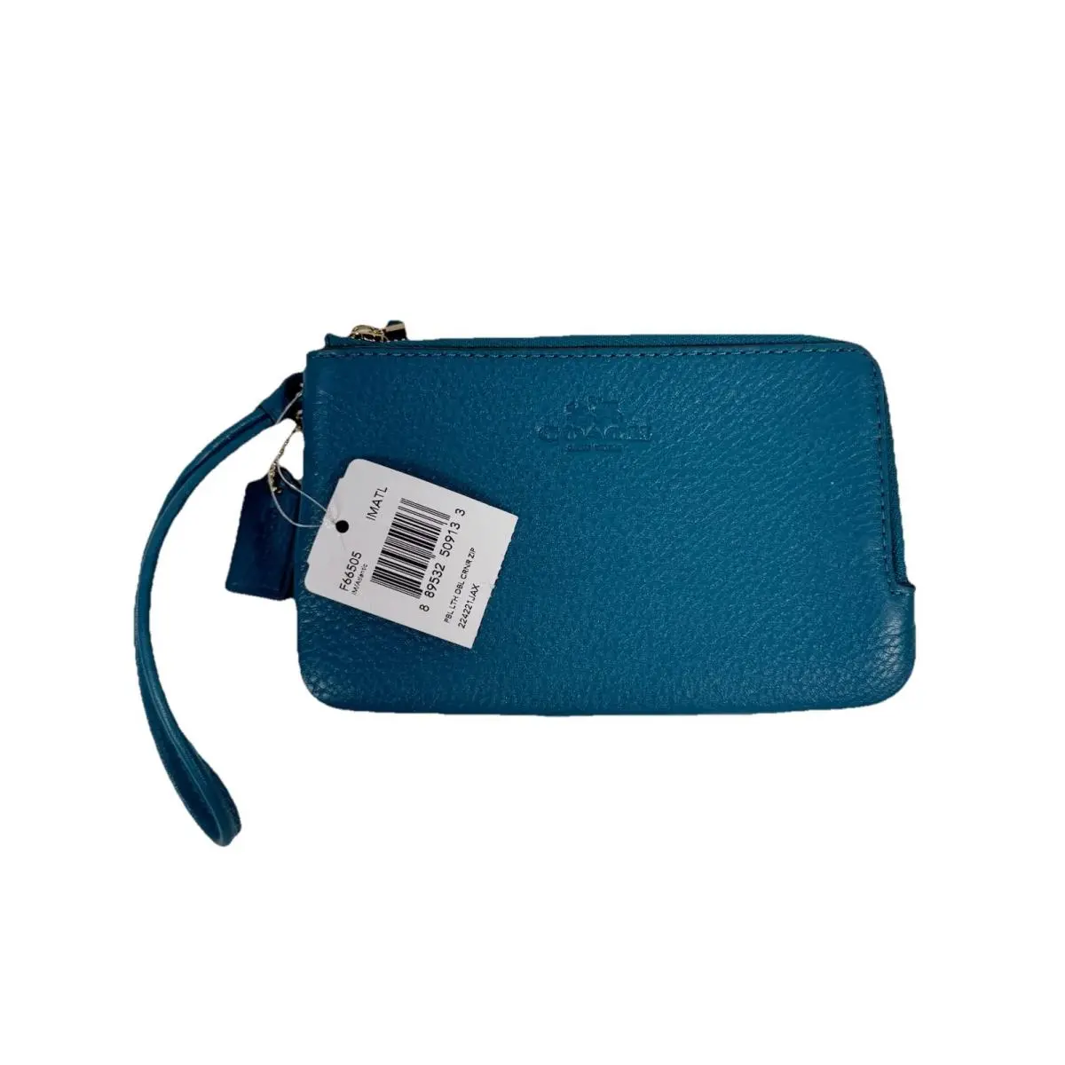 Coach Double Corner Zip Wristlet Aqua Blue Pebble Leather F66505