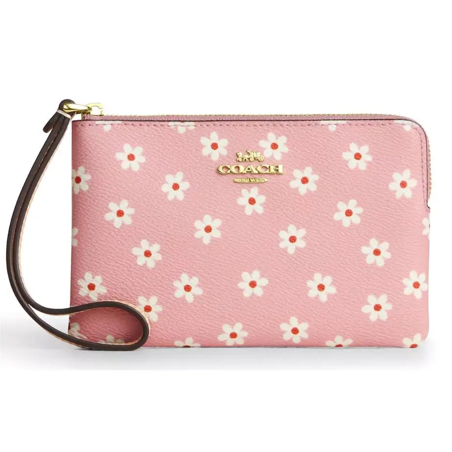Coach Corner Zip Wristlet - CEX39 Pink Floral Printed Canvas Leather