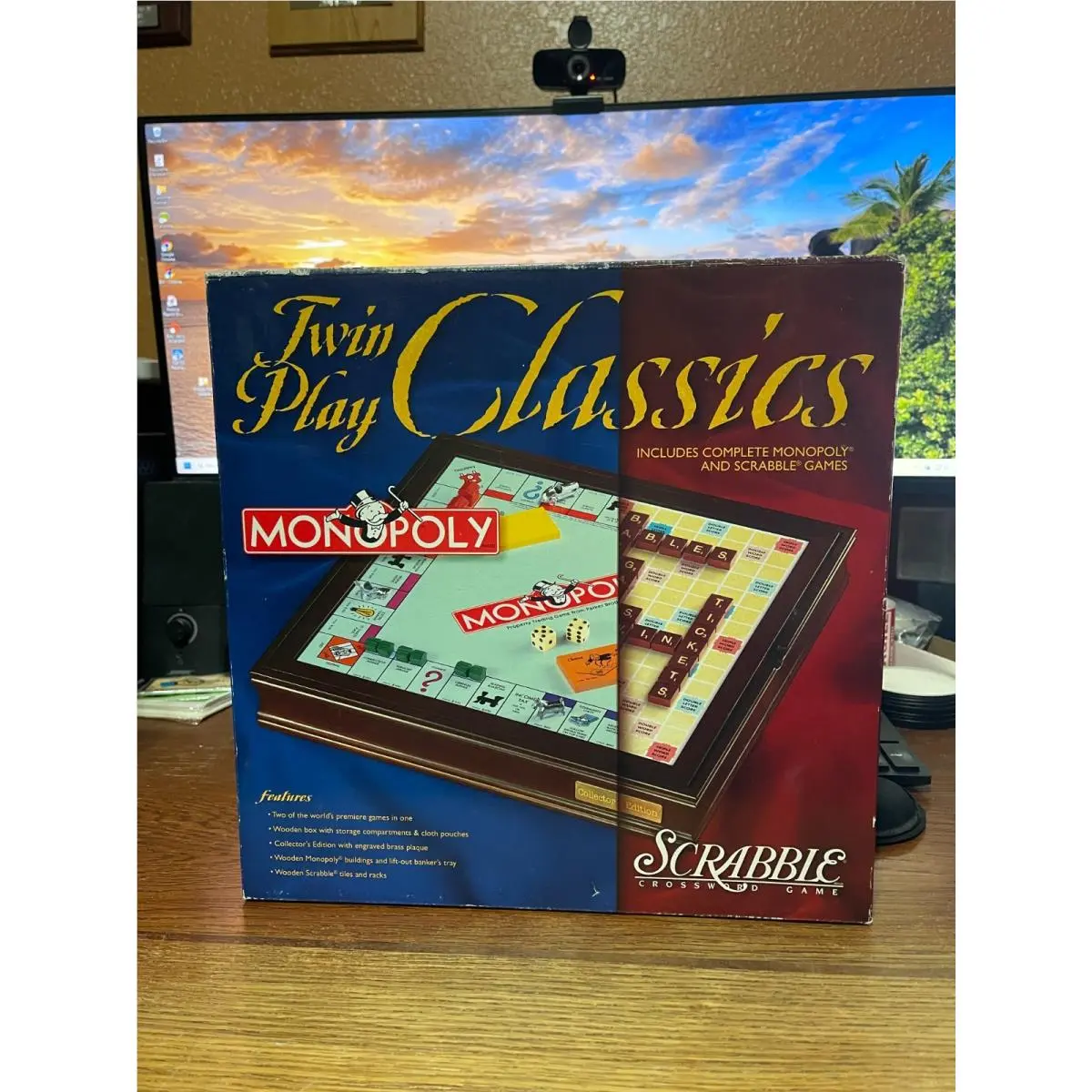 Hasbro Monopoly Scrabble Twin Play Classics Game Wooden Box 2000
