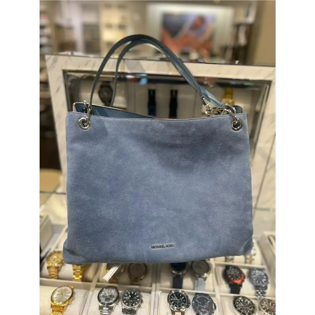 Michael Kors Christina Women Large Suede Triple Gusset Shoulder Tote Bag Denim