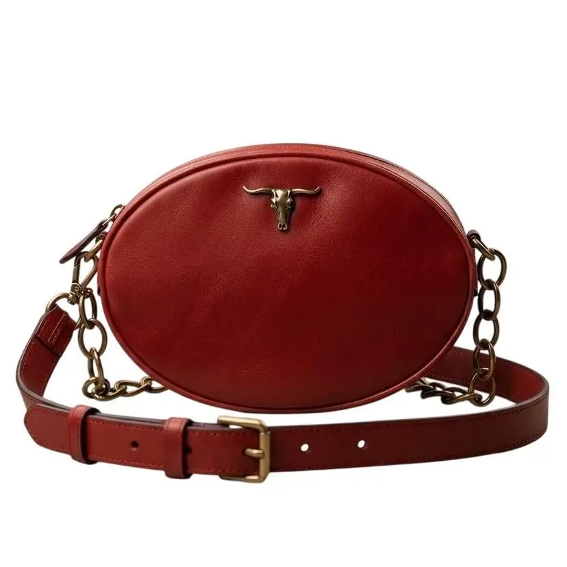 Vintage Polo Ralph Lauren Red Leather Oval Crossbody Bag Brass Bull Skull Emblem