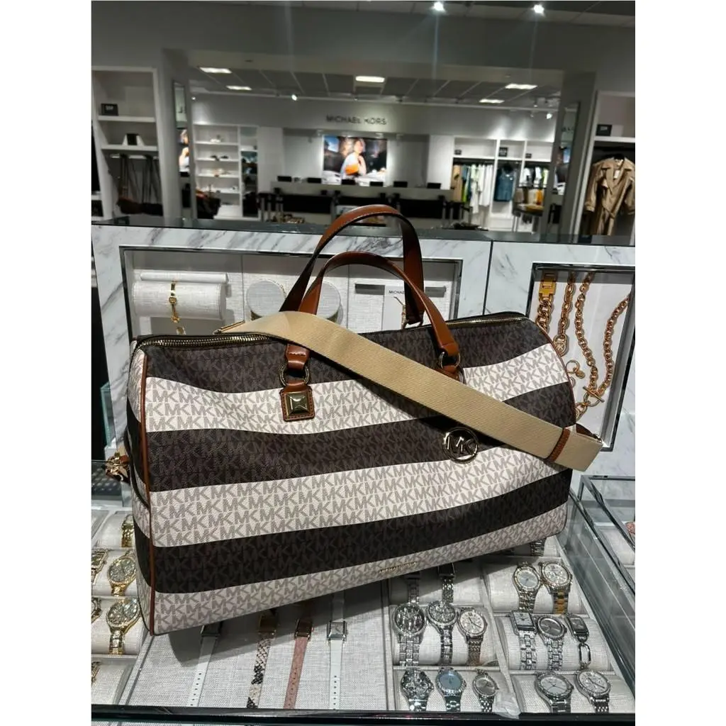 Michael Kors Grayson Oversized Striped MK Logo Weekend Travel Women Bag Brown
