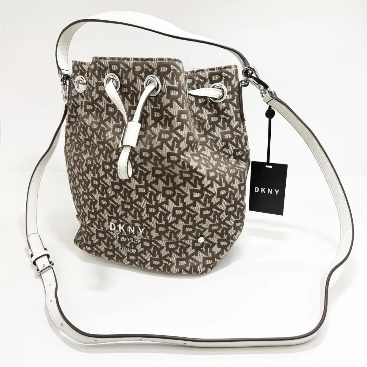 Dkny Erin Bucket Bag Brown Logo Print Drawstring Crossbody R01JF102