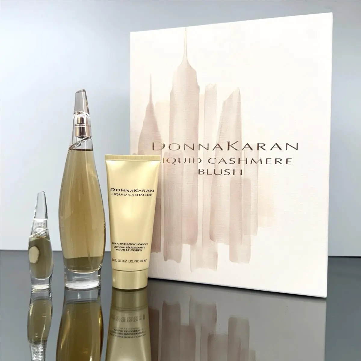 Donna Karan Liquid Cahsmere Blush 3pc Set 3.4oz Edp + 3.4oz B/lotion + 7ml Mini