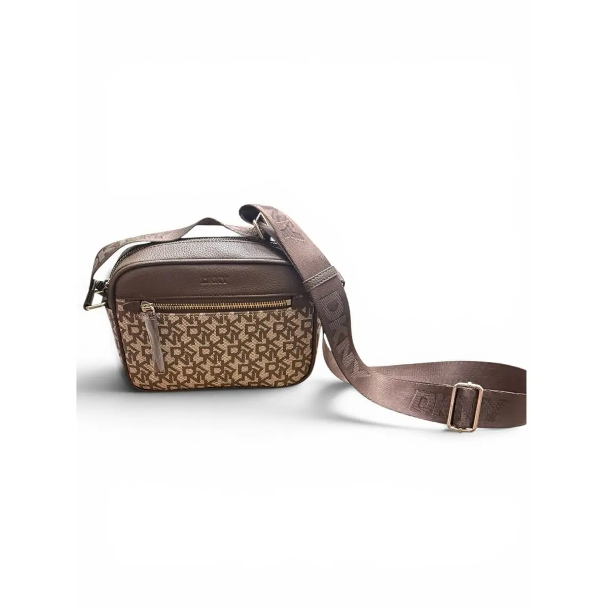 Dkny Logo Crossbody Camera Bag Brown Monogram Adjustable Strap Designer Purs