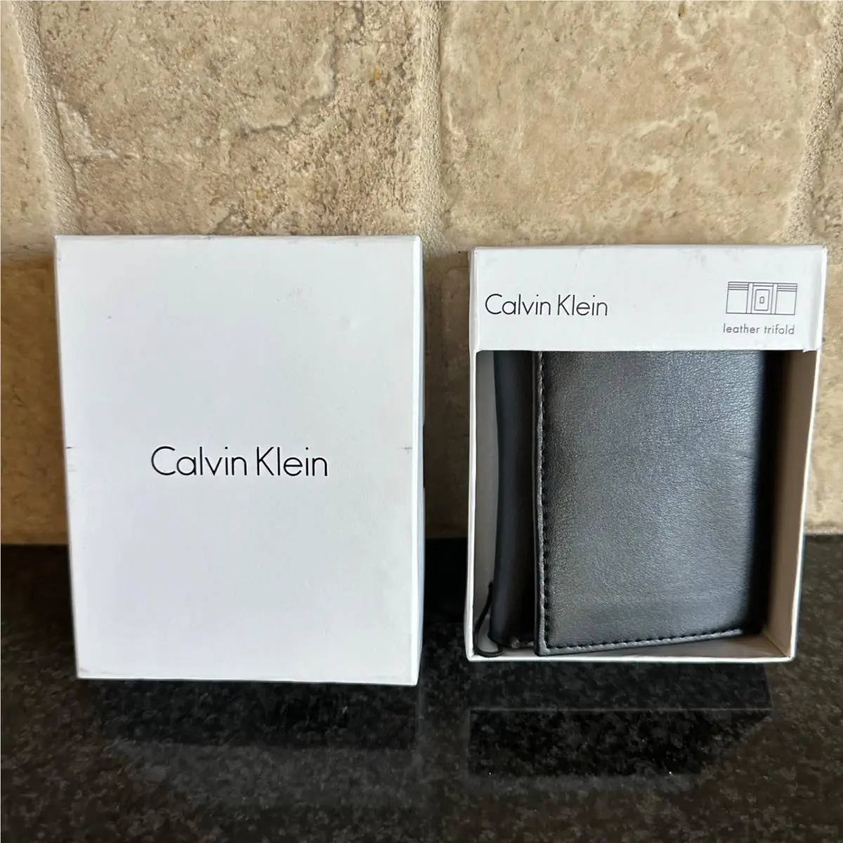 Vtg Calvin Klein Black Leather Trifold Wallet Mens Card Slots Embossed Logo