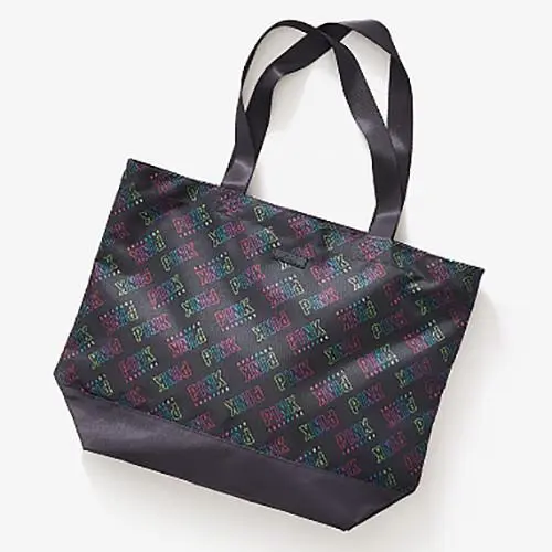 VS Victorias Secret Pink Weekender Travel Bag Tote Rich Grey Rainbow Logo