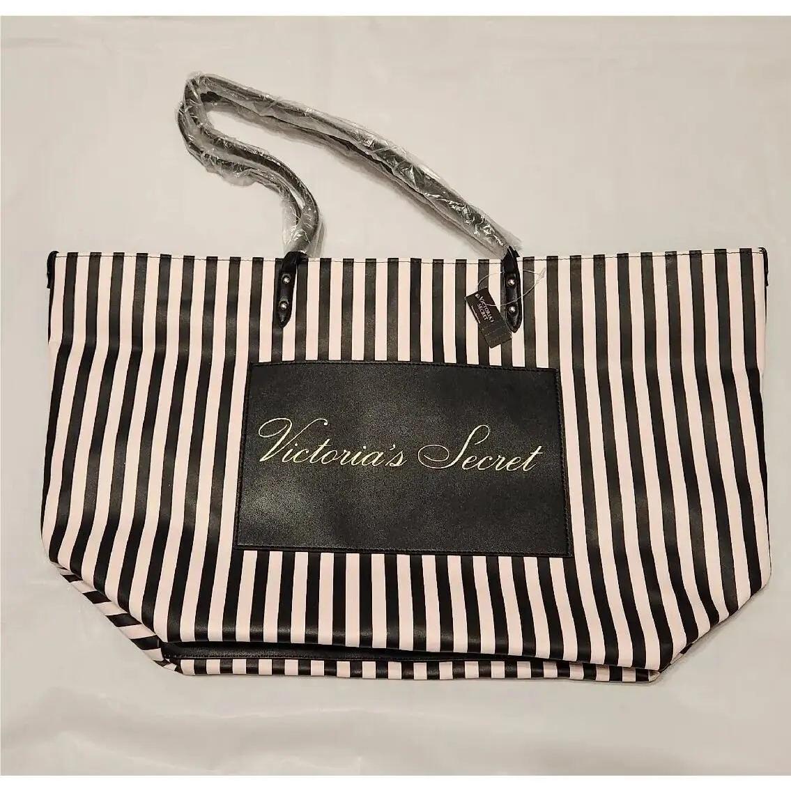 Victoria`s Secret Large Tote Bag The Weekender Pink Black Striped Beach 21 x12