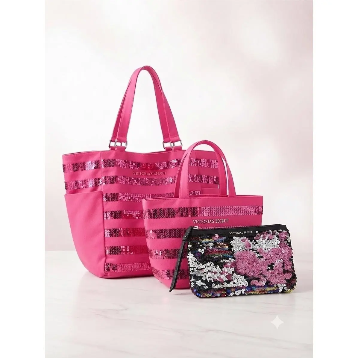 Victorias Secret Y2k Pink Sequin Tote Bag Set 3 Piece Canvas Travel Beach Multi