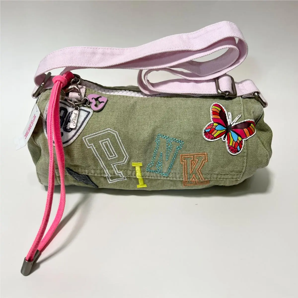Victoria Secret Pink Canvas Roller Duffle Shoulder Bag Seaglass Heritage Patch