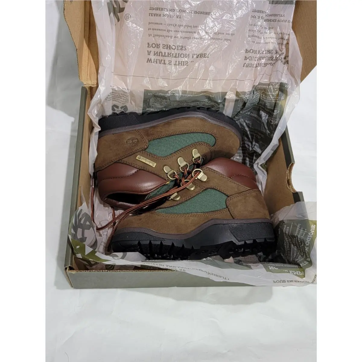 Timberland Kids Hiking Boots Brown Green Leather Fabric US Size 11 Model 16837