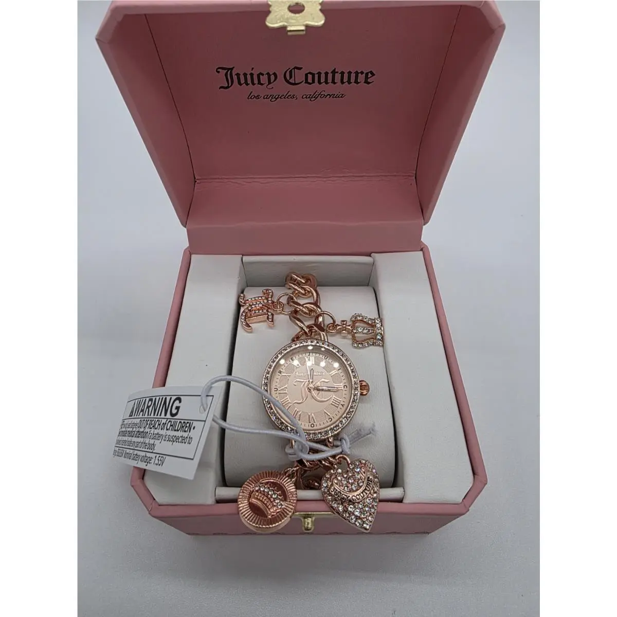 Rose Gold Charm Bracelet Watch Rhinestone Heart Pink Gift Box by Juicy Couture
