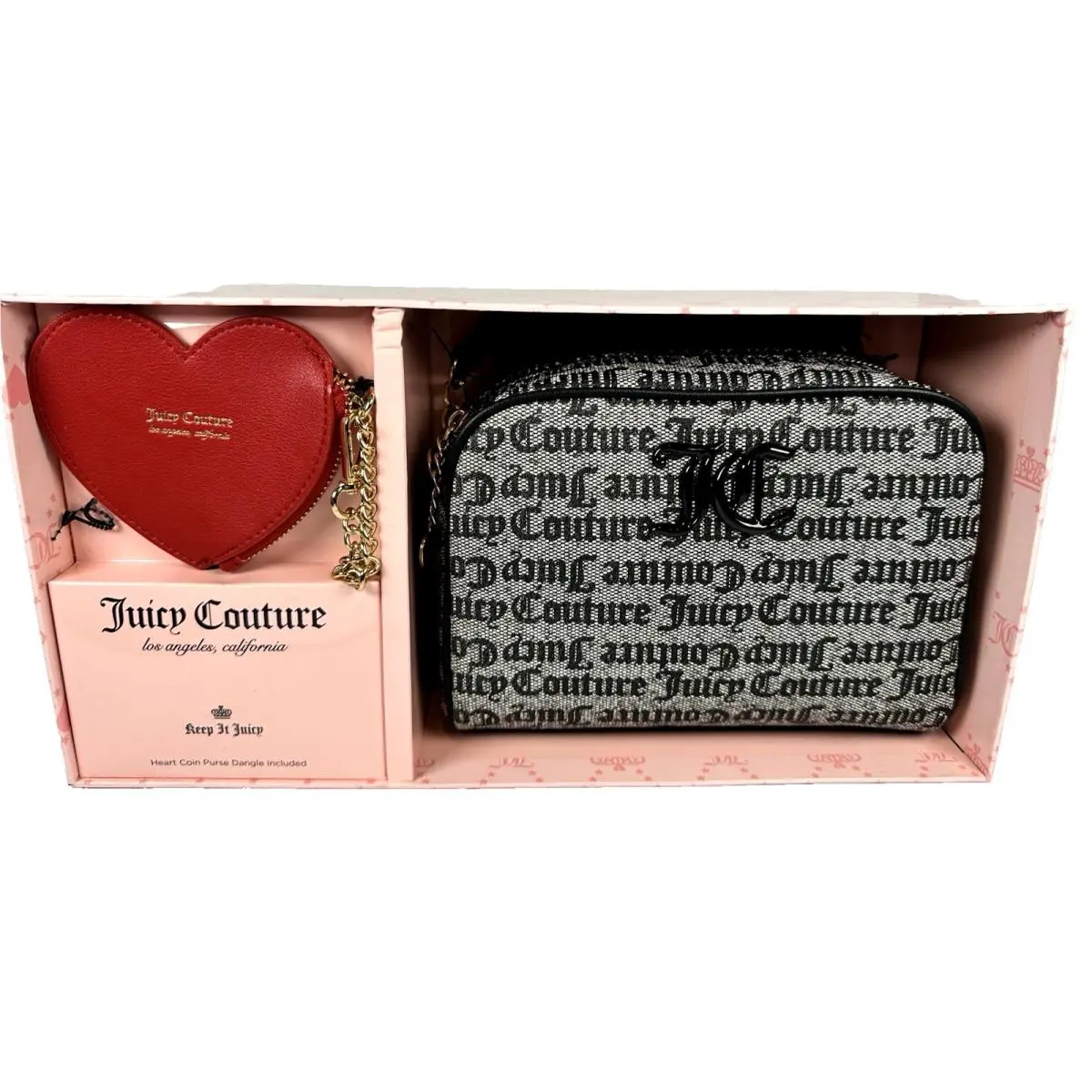 Juicy Couture Crossbody Bag Set w Heart Coin Purse Logo Print Blk Grey Pink Box