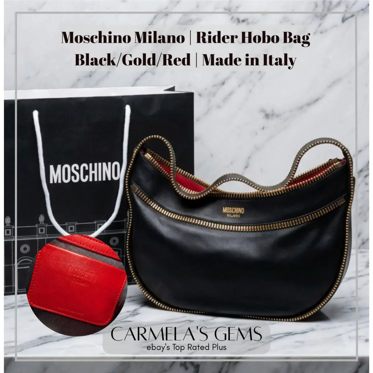 Moschino Rider Black Leather Hobo Shoulder Bag Gold Zipper Italy