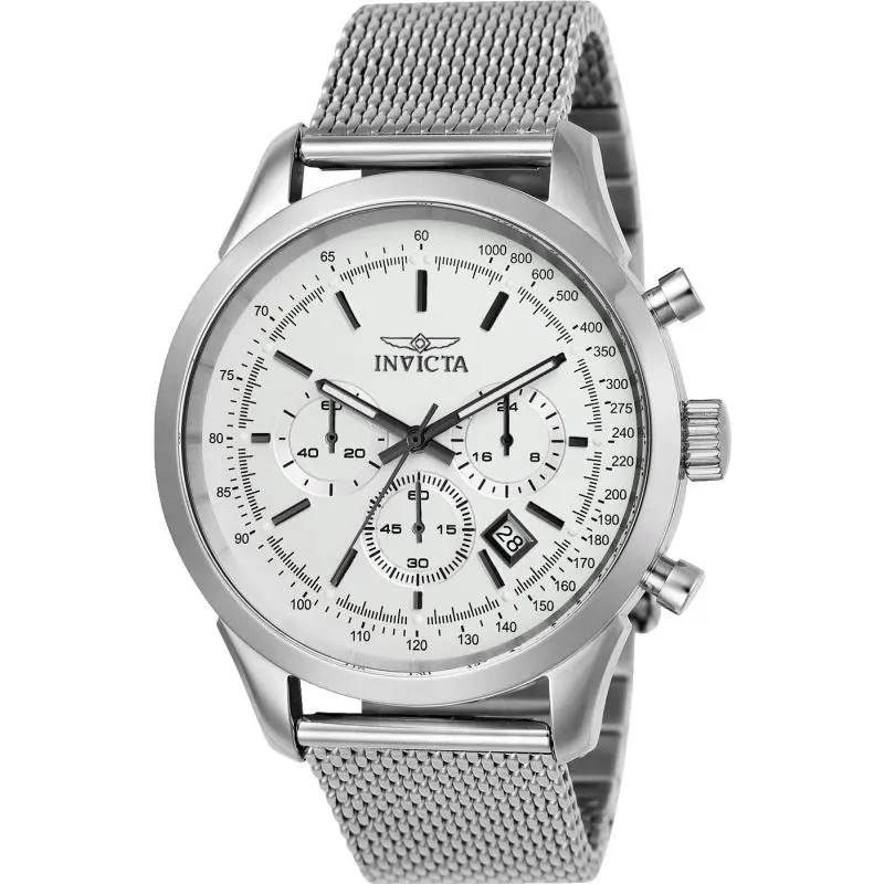 Invicta Men`s Watch Speedway Chronograph Silver Tone Dial Mesh Bracelet 25222 - Dial: White, Band: Silver, Bezel: Silver